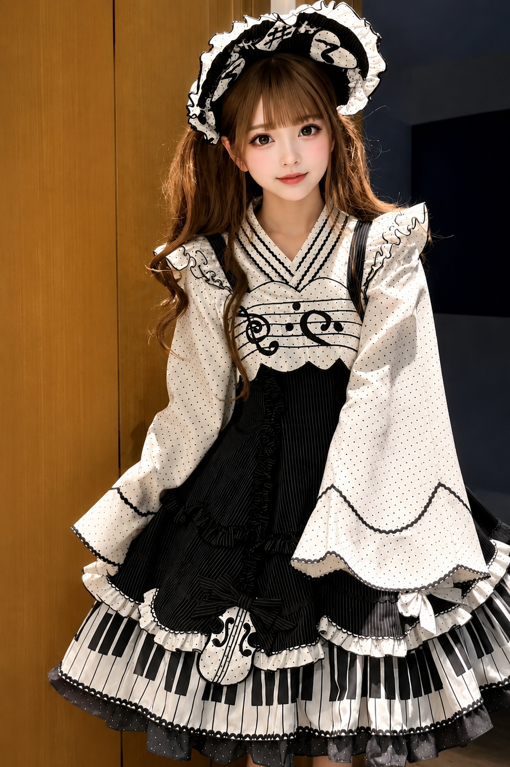 [Reservierungsschluss 15. August] Klassisches Piano-Lolita-JSK mit Rüschenträgern, Notenschleifen-Schürzenkleid-Set + Komplettset