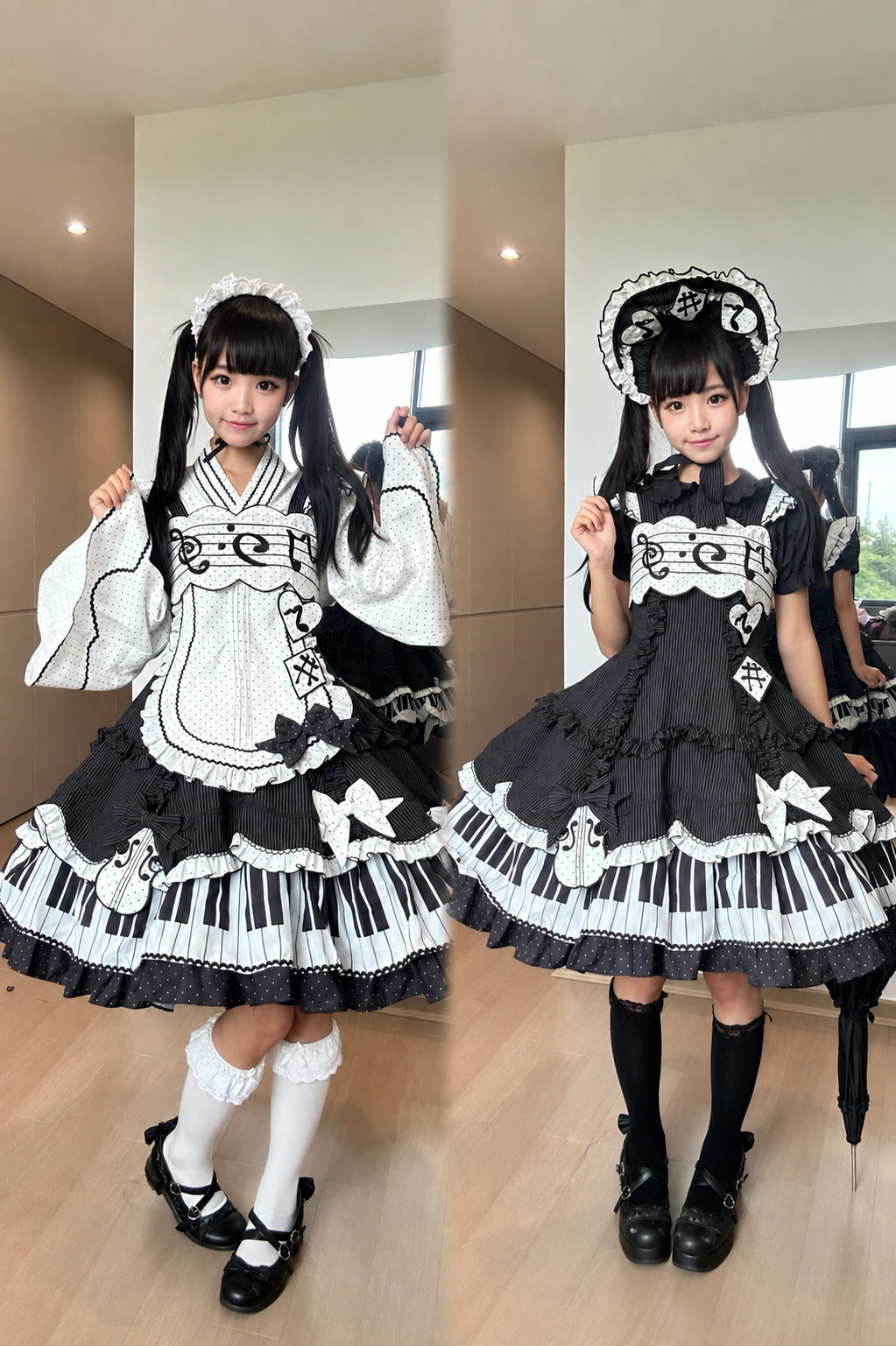 [Reservierungsschluss 15. August] Klassisches Piano-Lolita-JSK mit Rüschenträgern, Notenschleifen-Schürzenkleid-Set + Komplettset