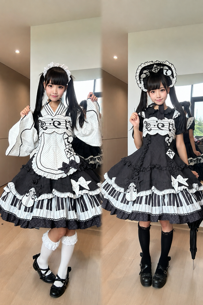 [Reservierungsschluss 15. August] Klassisches Piano-Lolita-JSK mit Rüschenträgern, Notenschleifen-Schürzenkleid-Set + Komplettset