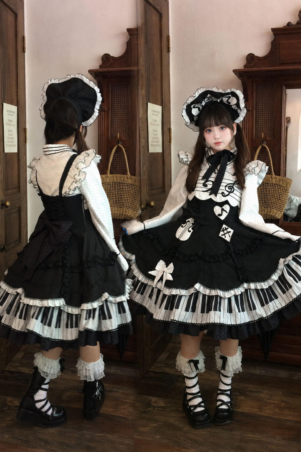 [Reservierungsschluss 15. August] Klassisches Piano-Lolita-JSK mit Rüschenträgern, Notenschleifen-Schürzenkleid-Set + Komplettset