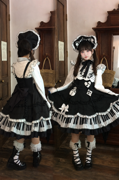 [Reservierungsschluss 15. August] Klassisches Piano-Lolita-JSK mit Rüschenträgern, Notenschleifen-Schürzenkleid-Set + Komplettset