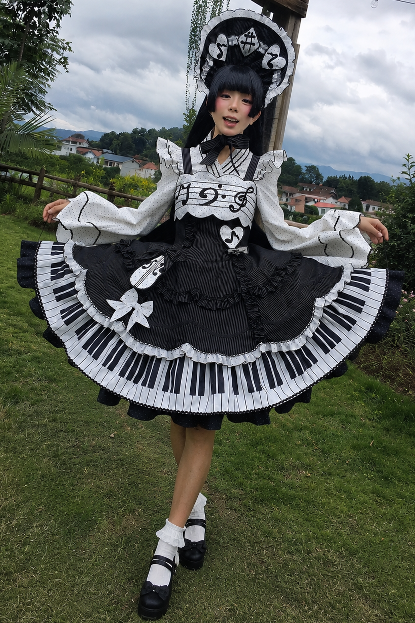 [Reservierungsschluss 15. August] Klassisches Piano-Lolita-JSK mit Rüschenträgern, Notenschleifen-Schürzenkleid-Set + Komplettset