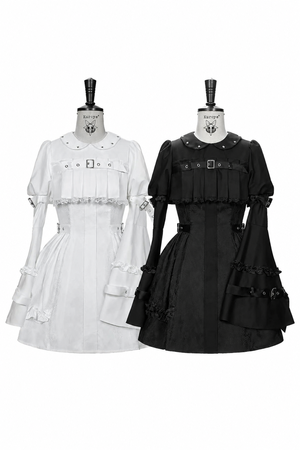 【8月25日予約締切】ティンドールブラックホワイトゴシックロリータスタッズカラーバックルプリーツフレアスリーブドレス