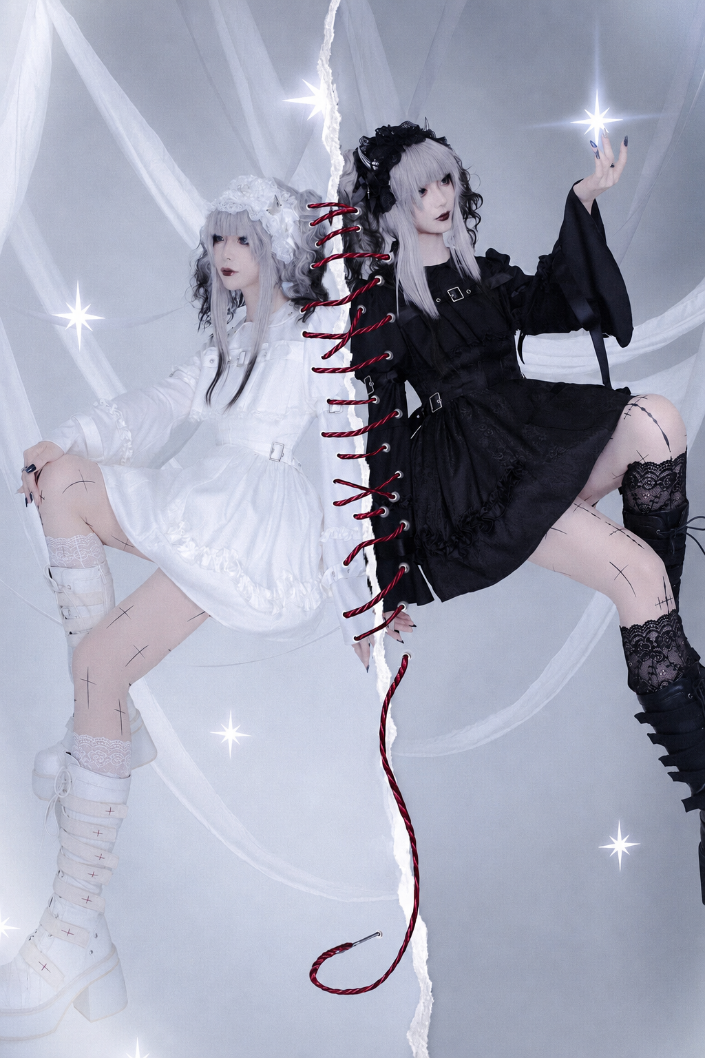 【8月25日予約締切】ティンドールブラックホワイトゴシックロリータスタッズカラーバックルプリーツフレアスリーブドレス