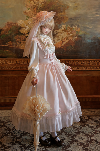 【8月29日予約締切】スイートリボンフリルリトルフラワーロマンティックロリータシャツ＋JSKドレスセットアップ（リボンジャボ付き）