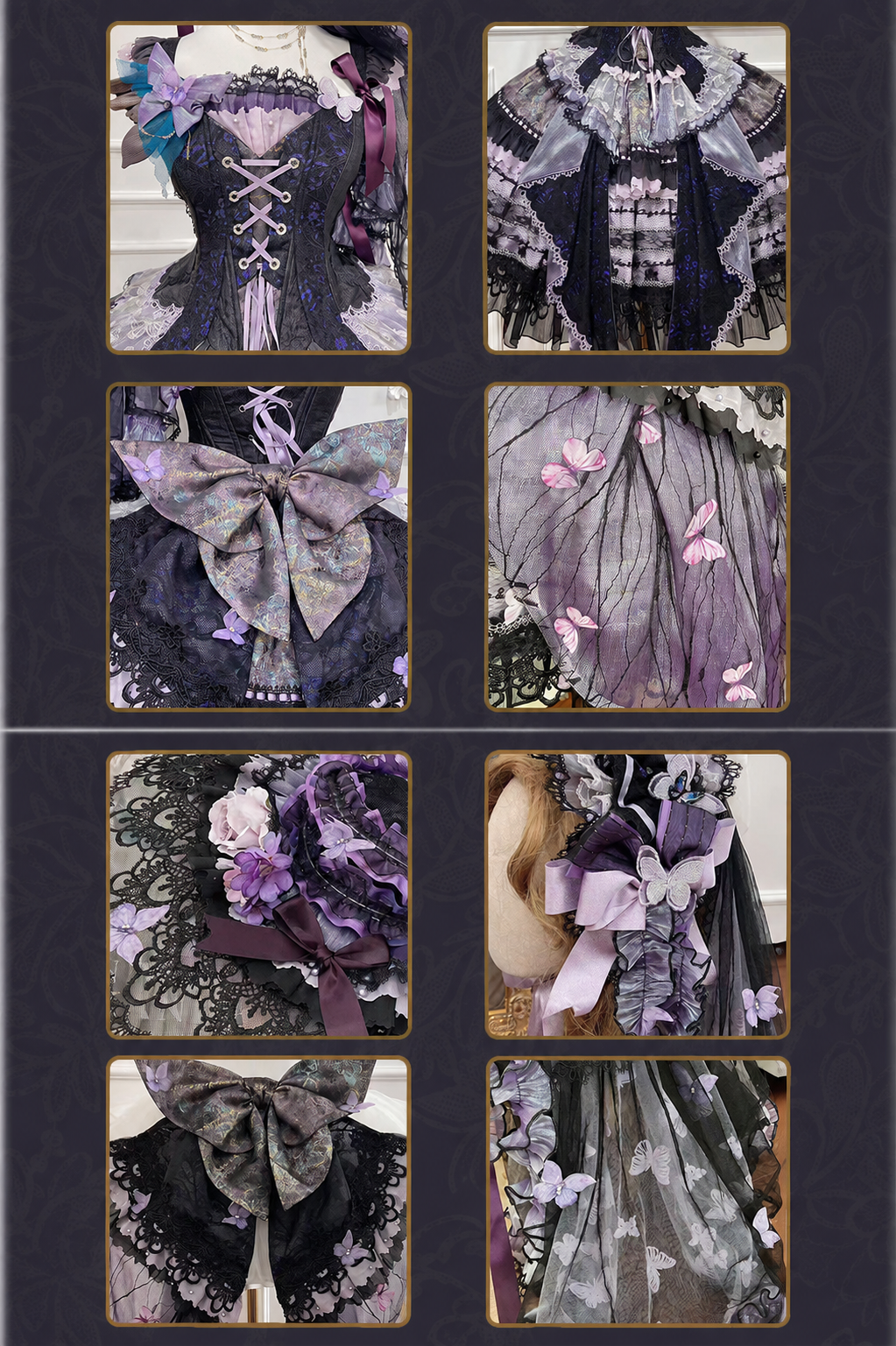 [Reservierungsschluss 29. August] Accessoires der dunkelgotischen Schmetterlingsserie in Lila x Schwarz (prächtiger Hexenhut, Haarband mit Schleier, Handgelenkmanschetten, Paar Haarclips, Rückenschleppenband)