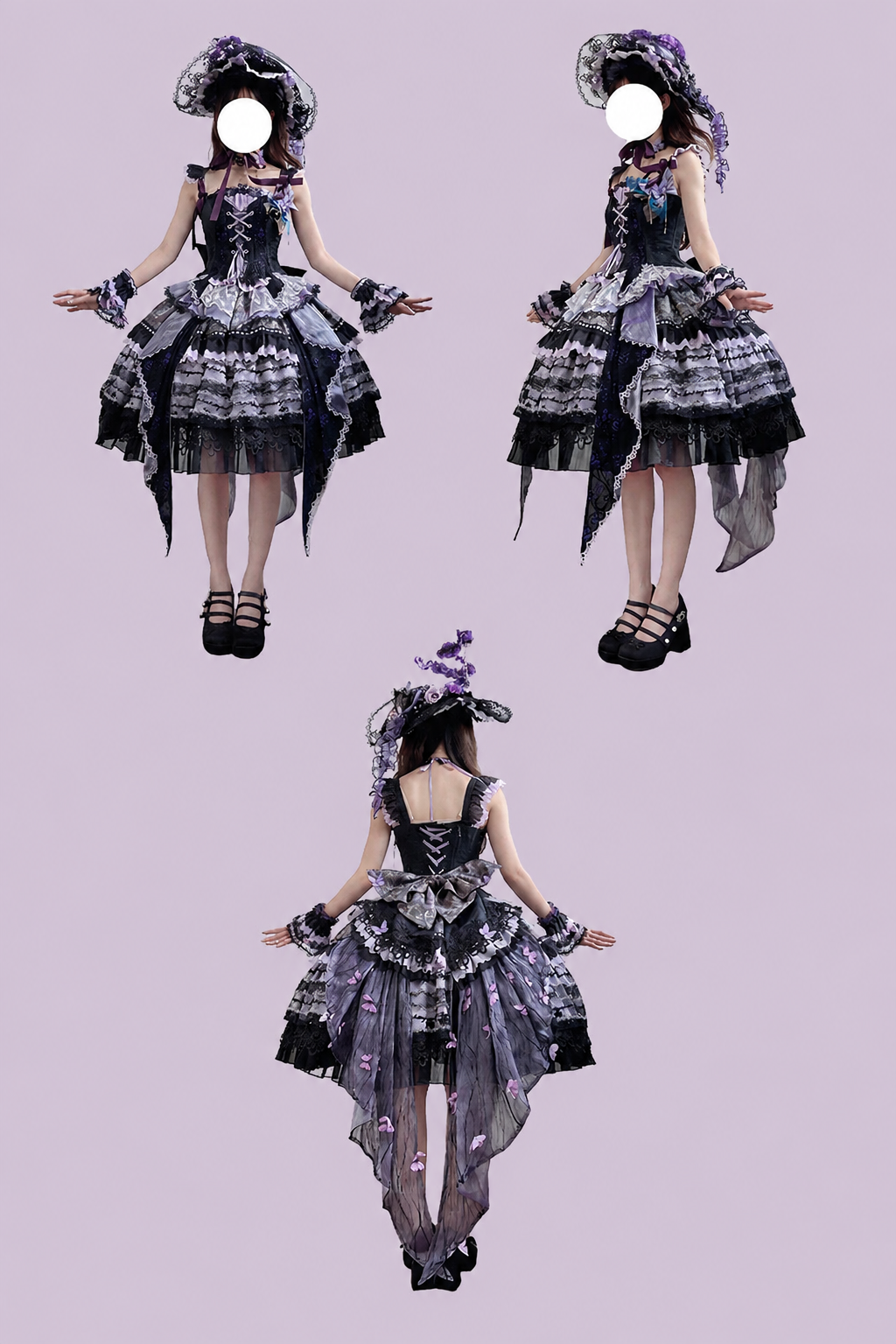 [Pre-order Deadline: August 29] Purple x Black Dark Gothic Butterfly Lace-Up Corset Bustier + Lace Ruffle Layered Skirt (with Front Ruffle Train) Matching Set + Dress Set 1/2/3