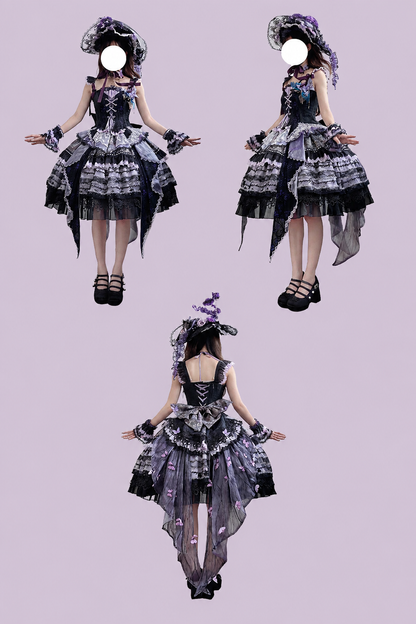 [Pre-order Deadline: August 29] Purple x Black Dark Gothic Butterfly Lace-Up Corset Bustier + Lace Ruffle Layered Skirt (with Front Ruffle Train) Matching Set + Dress Set 1/2/3