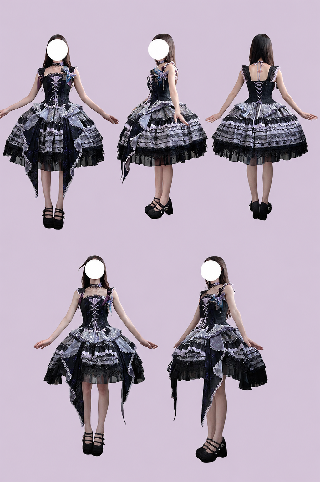[Pre-order Deadline: August 29] Purple x Black Dark Gothic Butterfly Lace-Up Corset Bustier + Lace Ruffle Layered Skirt (with Front Ruffle Train) Matching Set + Dress Set 1/2/3