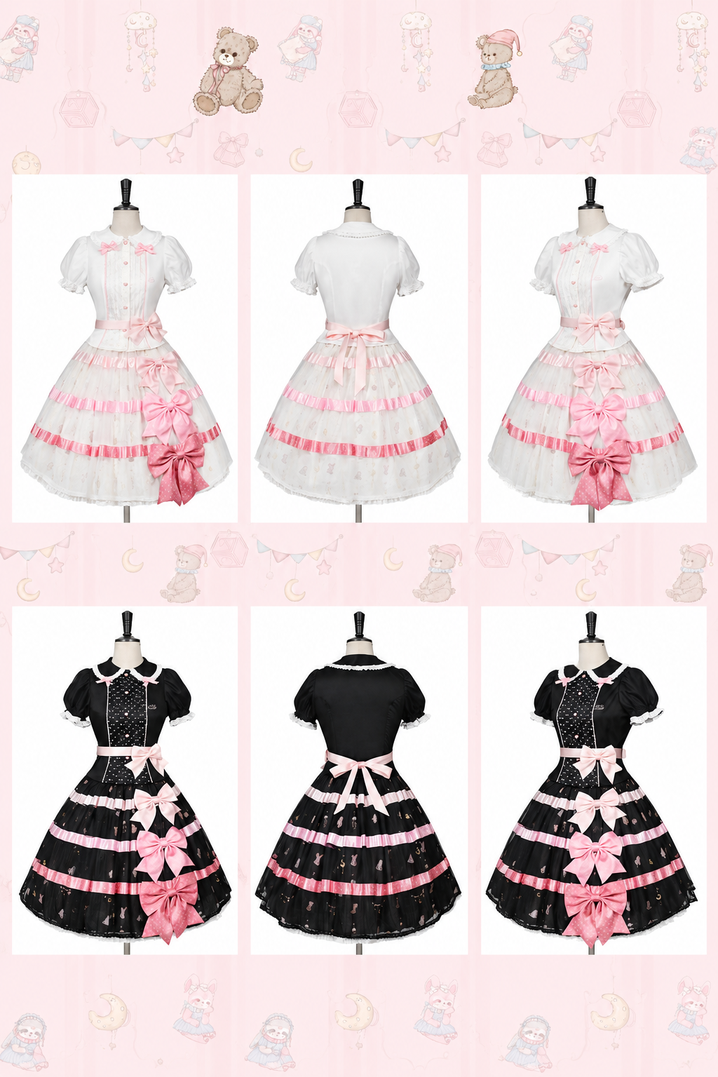 [Reservierungsschluss am 105] Sweet-Lolita-Hemd mit Peter-Pan-Kragen, Polka-Dots und Taillenband + Rock mit dreifacher Schleife + Set