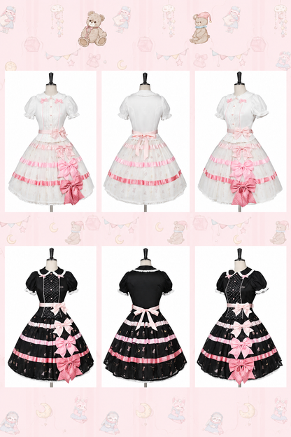 [Reservierungsschluss am 105] Sweet-Lolita-Hemd mit Peter-Pan-Kragen, Polka-Dots und Taillenband + Rock mit dreifacher Schleife + Set