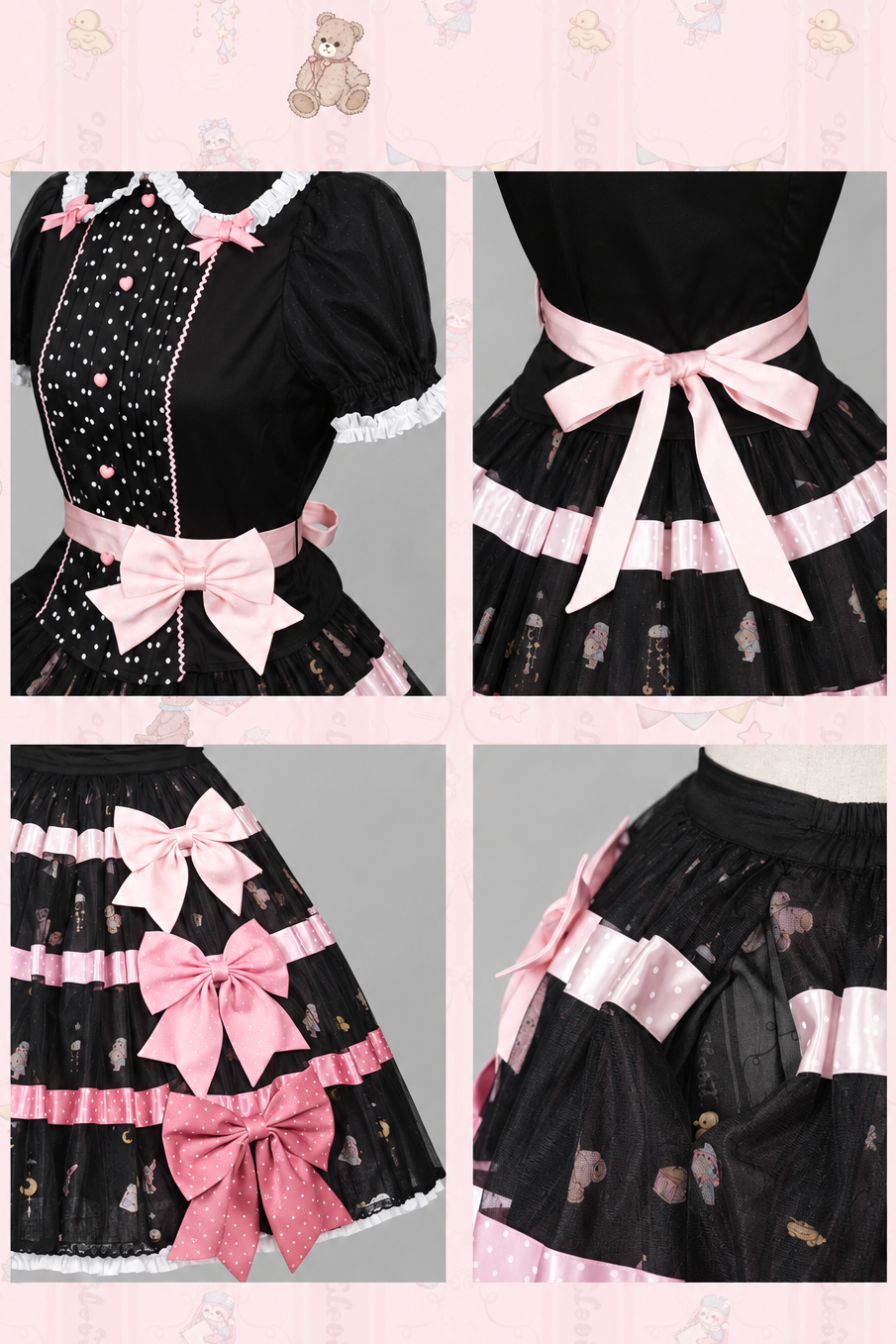 [Reservierungsschluss am 105] Sweet-Lolita-Hemd mit Peter-Pan-Kragen, Polka-Dots und Taillenband + Rock mit dreifacher Schleife + Set