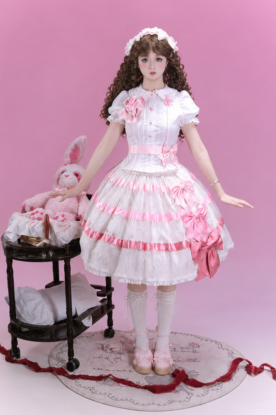 [Reservierungsschluss am 105] Sweet-Lolita-Hemd mit Peter-Pan-Kragen, Polka-Dots und Taillenband + Rock mit dreifacher Schleife + Set