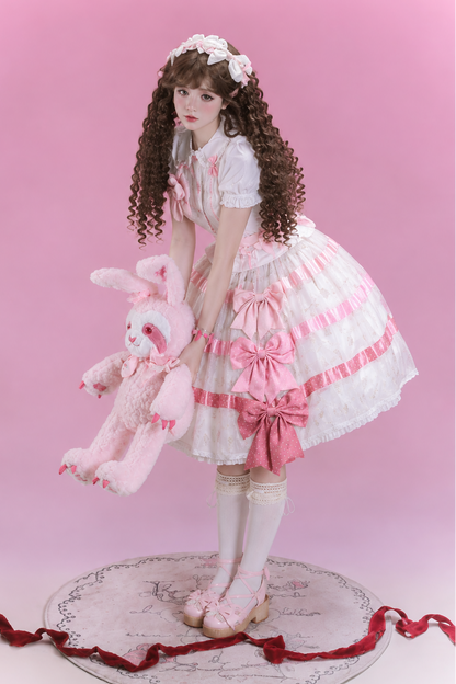 [Reservierungsschluss am 105] Sweet-Lolita-Hemd mit Peter-Pan-Kragen, Polka-Dots und Taillenband + Rock mit dreifacher Schleife + Set