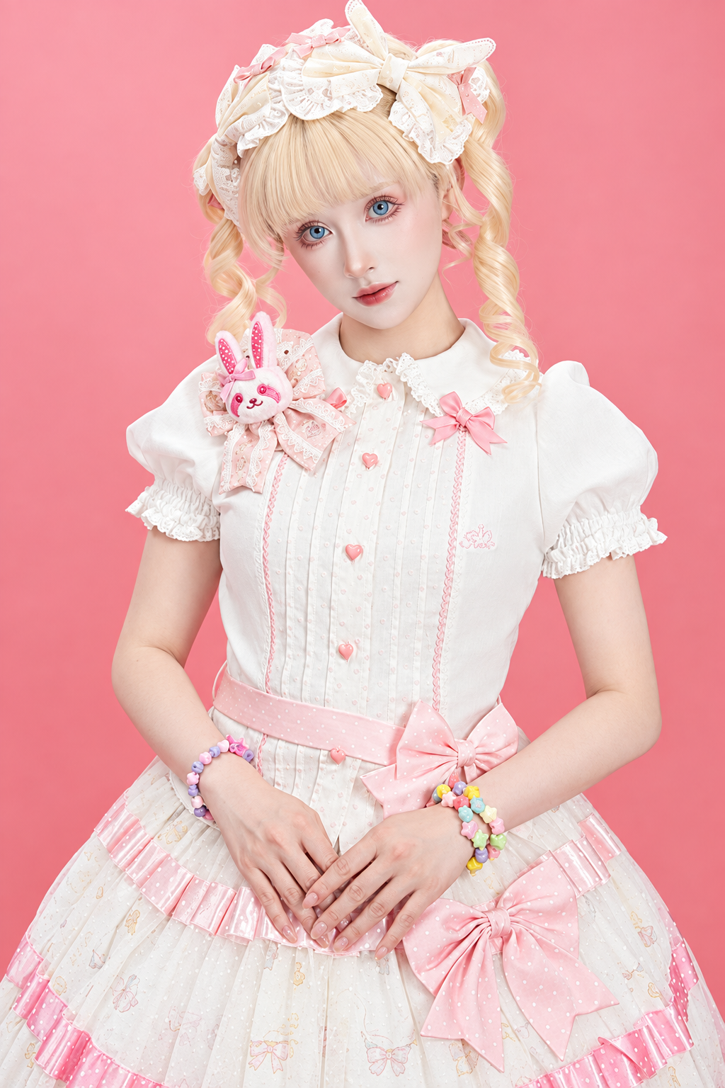[Reservierungsschluss am 105] Sweet-Lolita-Hemd mit Peter-Pan-Kragen, Polka-Dots und Taillenband + Rock mit dreifacher Schleife + Set