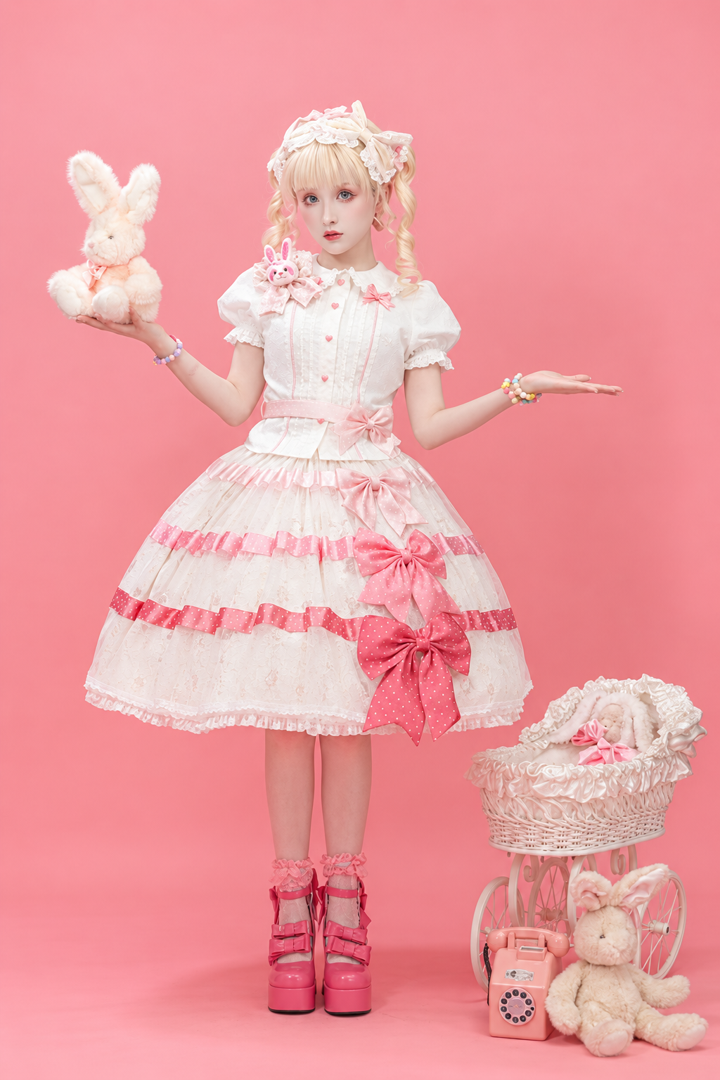 [Reservierungsschluss am 105] Sweet-Lolita-Hemd mit Peter-Pan-Kragen, Polka-Dots und Taillenband + Rock mit dreifacher Schleife + Set