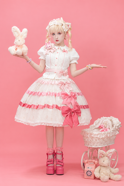 [Reservierungsschluss am 105] Sweet-Lolita-Hemd mit Peter-Pan-Kragen, Polka-Dots und Taillenband + Rock mit dreifacher Schleife + Set
