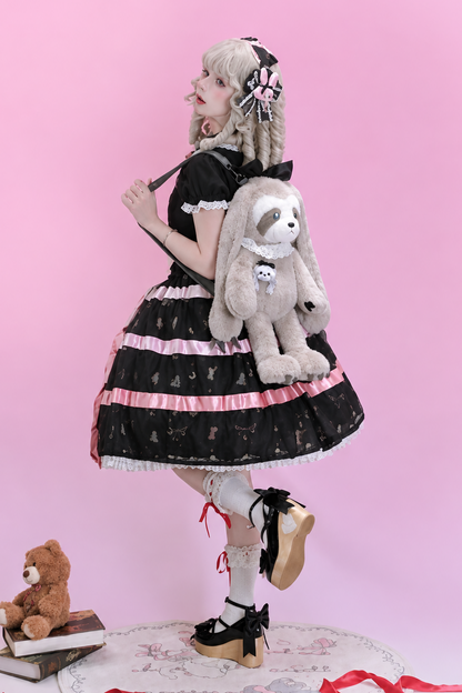 [Reservierungsschluss am 105] Sweet-Lolita-Hemd mit Peter-Pan-Kragen, Polka-Dots und Taillenband + Rock mit dreifacher Schleife + Set