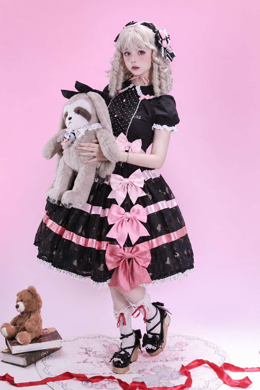 [Reservierungsschluss am 105] Sweet-Lolita-Hemd mit Peter-Pan-Kragen, Polka-Dots und Taillenband + Rock mit dreifacher Schleife + Set