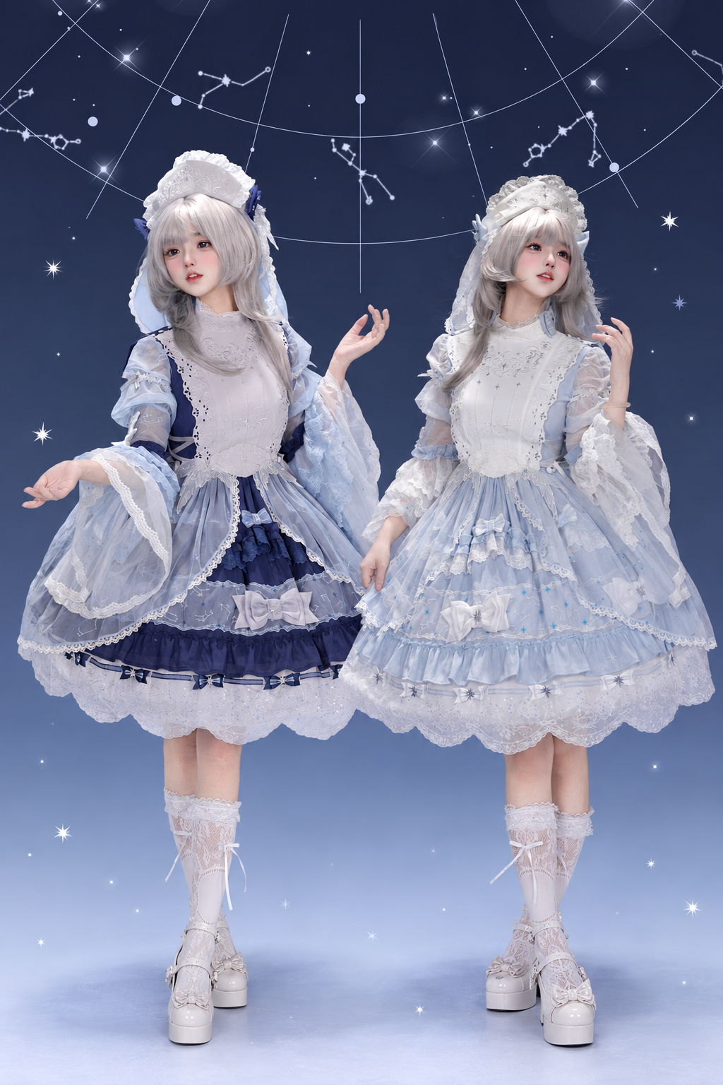 [Vorbestellschluss: 9.23] Klassisches Lolita-Kleid in Hellblau/Dunkelblau mit Himmelsstern-Stickerei, Glockenärmeln, Tülllagen und Schleife