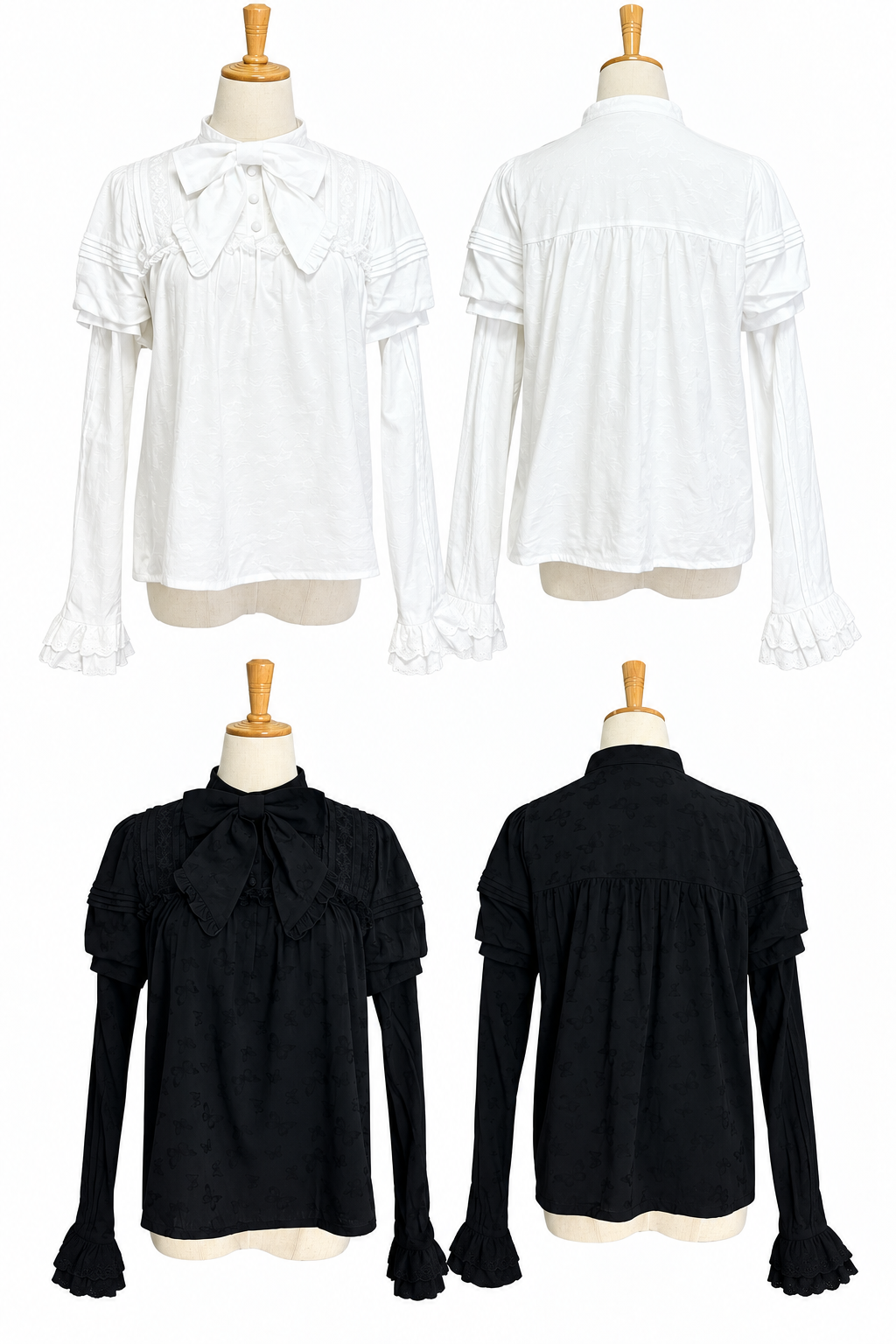 【10月3日予約締切】Black/White Elegant Gothic Lace Puff Sleeve Shirt with Detachable Sleeves and Bow Tie