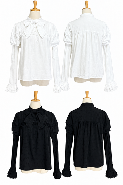 【10月3日予約締切】Black/White Elegant Gothic Lace Puff Sleeve Shirt with Detachable Sleeves and Bow Tie