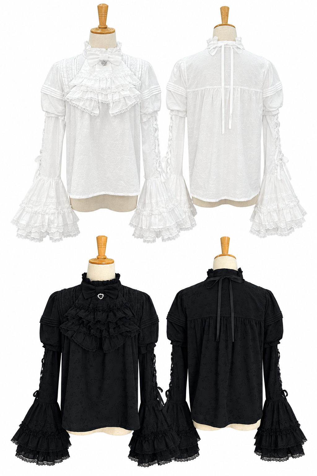 【10月3日予約締切】Black/White Elegant Gothic Puff Sleeve Shirt With Detachable Bell Sleeves And Frill Collar Jabot