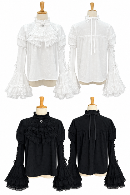 【10月3日予約締切】Black/White Elegant Gothic Puff Sleeve Shirt With Detachable Bell Sleeves And Frill Collar Jabot