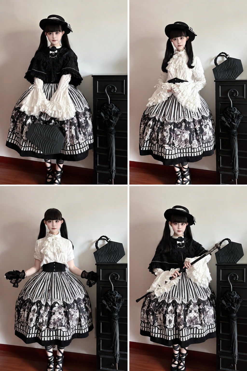 【10月3日予約締切】Black/White Elegant Gothic Puff Sleeve Shirt With Detachable Bell Sleeves And Frill Collar Jabot