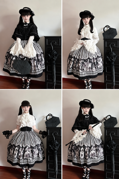 【10月3日予約締切】Black/White Elegant Gothic Puff Sleeve Shirt With Detachable Bell Sleeves And Frill Collar Jabot