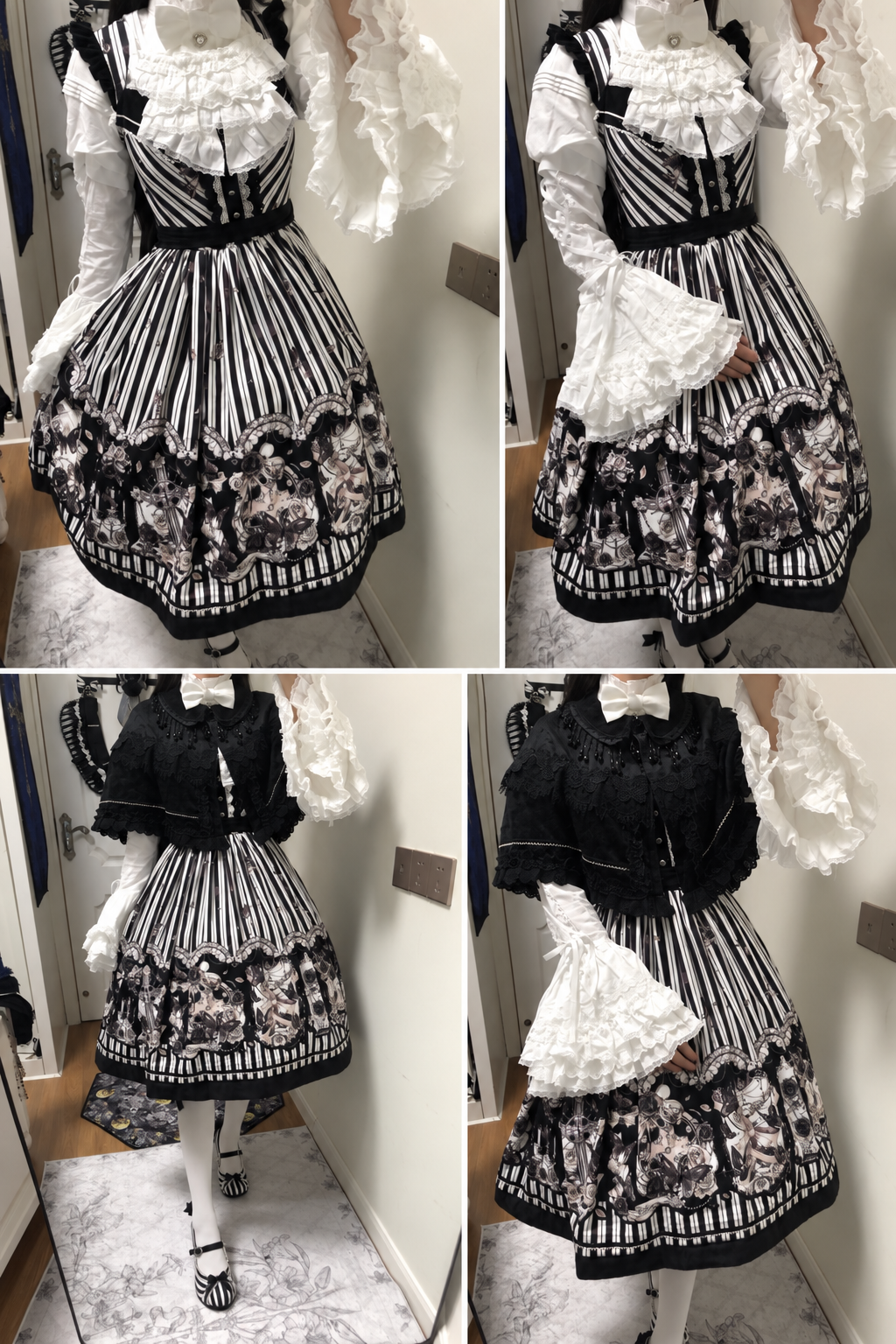 【10月3日予約締切】Black/White Elegant Gothic Puff Sleeve Shirt With Detachable Bell Sleeves And Frill Collar Jabot