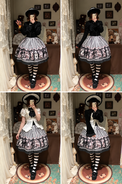 【10月3日予約締切】Black White Striped Gothic Rose Print Skirt(Short/Long)