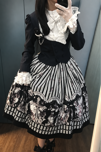 【10月3日予約締切】Black White Striped Gothic Rose Print Skirt(Short/Long)