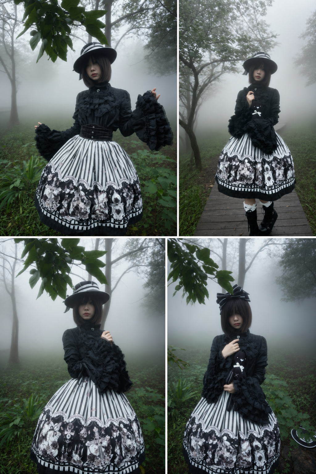 【10月3日予約締切】Black White Striped Gothic Rose Print Skirt(Short/Long)