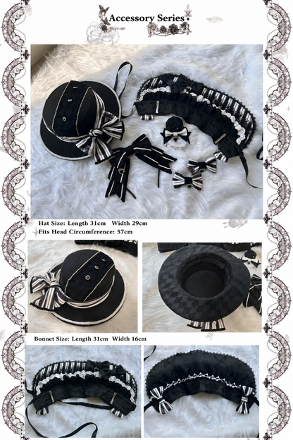【10月3日予約締切】Black/White Elegant Gothic Series Accessories(Black Butterfly Print Striped Ribbon Hat, Black Rose Ribbon Brooch, Ribbon KC, Hair Clip Pair, Bonnet)
