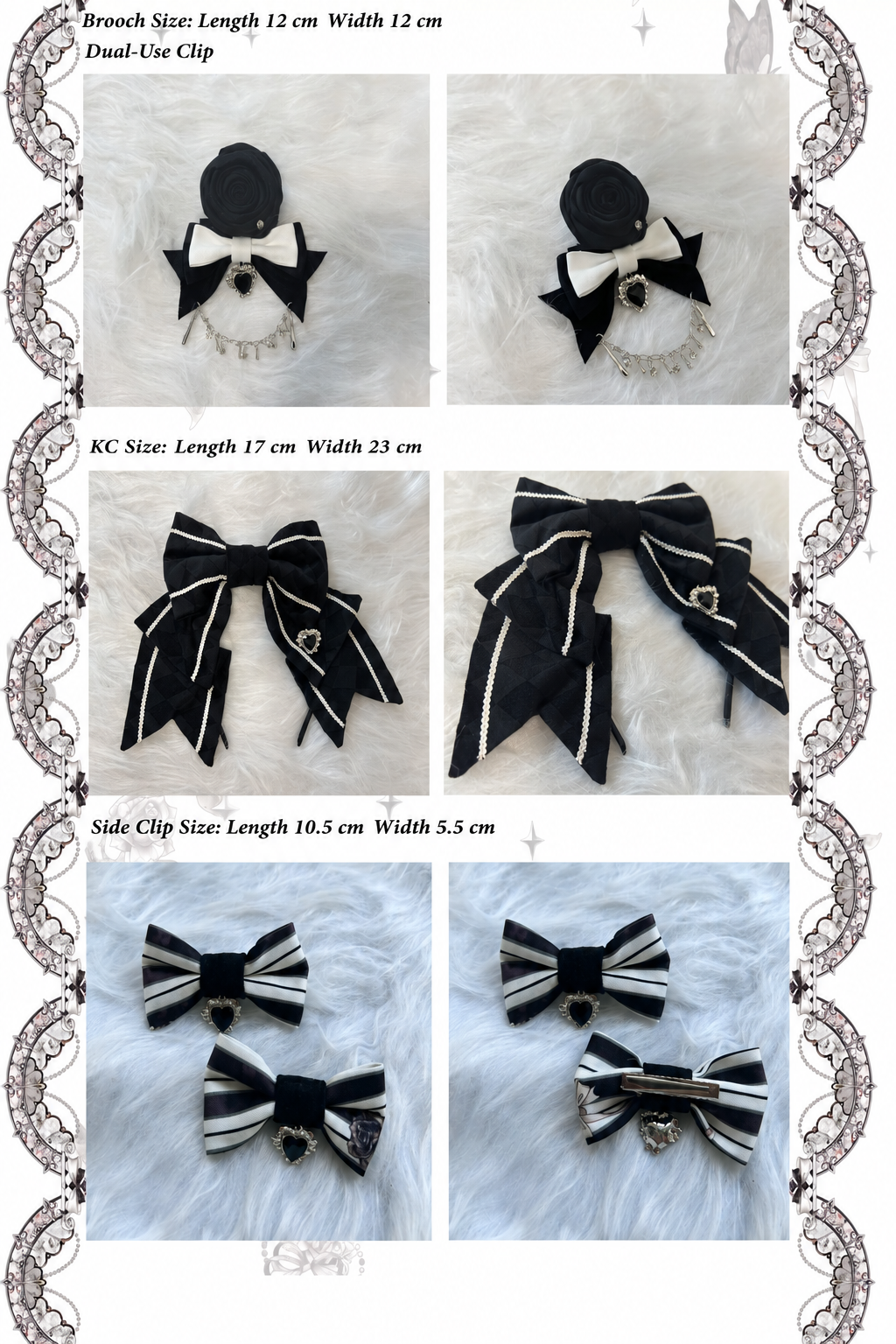 【10月3日予約締切】Black/White Elegant Gothic Series Accessories(Black Butterfly Print Striped Ribbon Hat, Black Rose Ribbon Brooch, Ribbon KC, Hair Clip Pair, Bonnet)