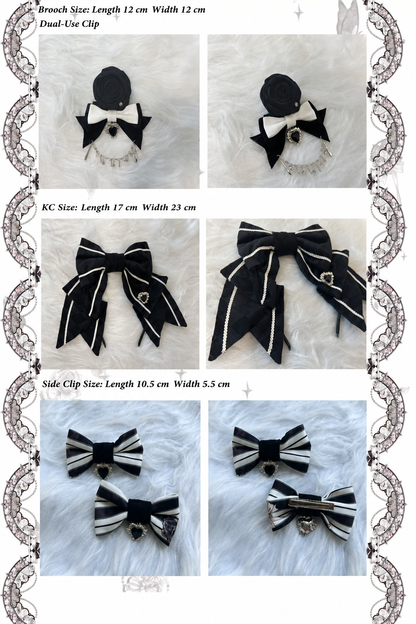 【10月3日予約締切】Black/White Elegant Gothic Series Accessories(Black Butterfly Print Striped Ribbon Hat, Black Rose Ribbon Brooch, Ribbon KC, Hair Clip Pair, Bonnet)