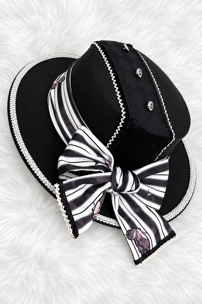 【10月3日予約締切】Black/White Elegant Gothic Series Accessories(Black Butterfly Print Striped Ribbon Hat, Black Rose Ribbon Brooch, Ribbon KC, Hair Clip Pair, Bonnet)