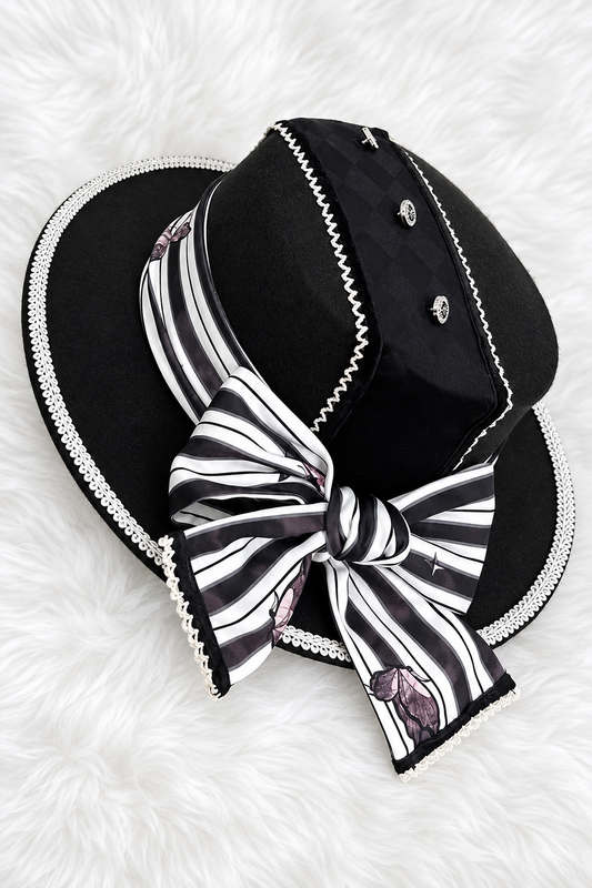 【10月3日予約締切】Black/White Elegant Gothic Series Accessories(Black Butterfly Print Striped Ribbon Hat, Black Rose Ribbon Brooch, Ribbon KC, Hair Clip Pair, Bonnet)