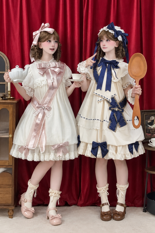 【9月19日予約締切】Pink x Beige / Dark Blue x Beige Doll Style Sweet Lolita Bow Lace Puff Sleeve Dress + Dress Set + Full Set
