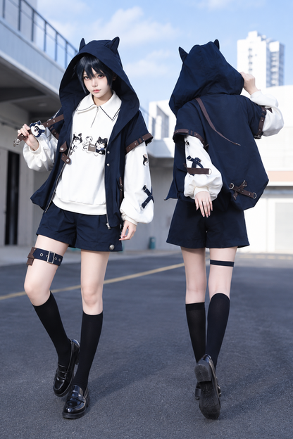 【9月25日予約締切】Prince Style Street Casual Cat Ear Hooded Short-Sleeve Jacket + Dog Print Top + Shorts with Leg Rings＋Full Set