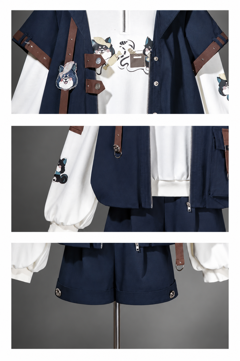 【9月25日予約締切】Prince Style Street Casual Cat Ear Hooded Short-Sleeve Jacket + Dog Print Top + Shorts with Leg Rings＋Full Set