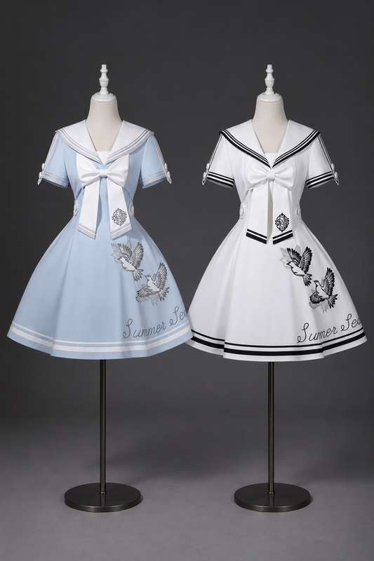 【10月1日予約締切】Blue/White Sailor Collar Bird Embroidery Lolita Bow Dress