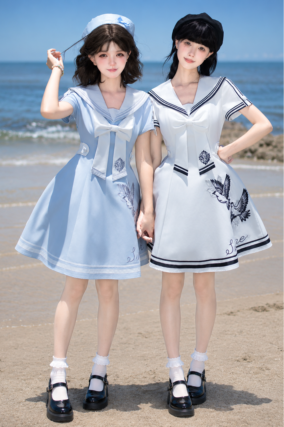 【10月1日予約締切】Blue/White Sailor Collar Bird Embroidery Lolita Bow Dress