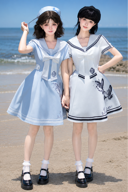 【10月1日予約締切】Blue/White Sailor Collar Bird Embroidery Lolita Bow Dress