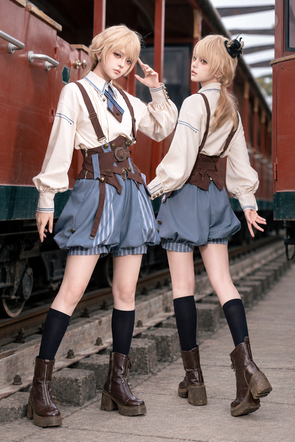【10月2日予約締切】Vintage Prince Ivory Shirt + Blue Stripe Shorts + Brown Suspender Corset + Waist Belt + Full Set