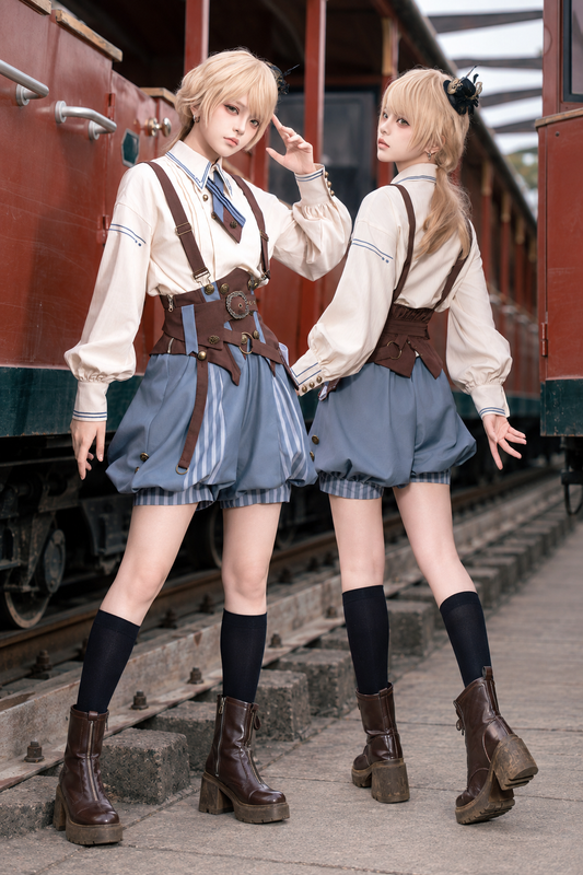 【10月2日予約締切】Vintage Prince Ivory Shirt + Blue Stripe Shorts + Brown Suspender Corset + Waist Belt + Full Set