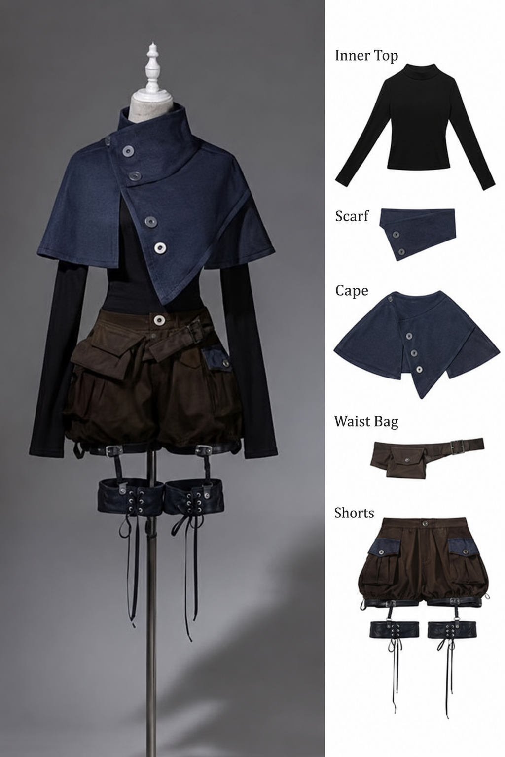 【10月6日予約締切】Ouji Fashion Dark Navy X Brown Prince Lolita Full Set (Asymmetrical Cape + Black Knit Top + Leg Ring Shorts + Belt With Pockets + Scarf )