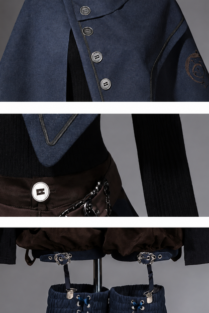 【10月6日予約締切】Dark Navy X Brown Prince Lolita Asymmetrical Cape + Black Knit Top + Leg Ring Shorts + Belt With Pockets + Scarf Ouji Fashion