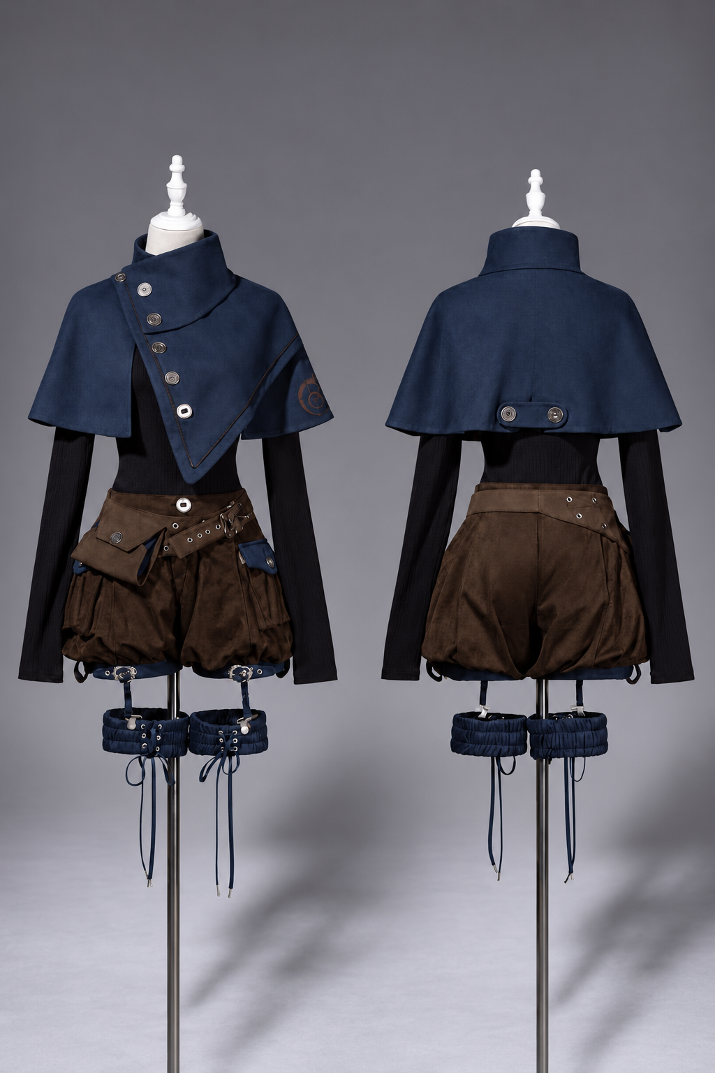 【10月6日予約締切】Dark Navy X Brown Prince Lolita Asymmetrical Cape + Black Knit Top + Leg Ring Shorts + Belt With Pockets + Scarf Ouji Fashion